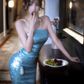 Light blue strapless sequined fitted waist bodycon sexy ball gown R7076