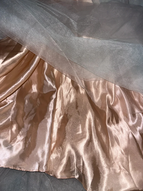 Champagne-colored satin halter-neck fitted long ball gown R6916