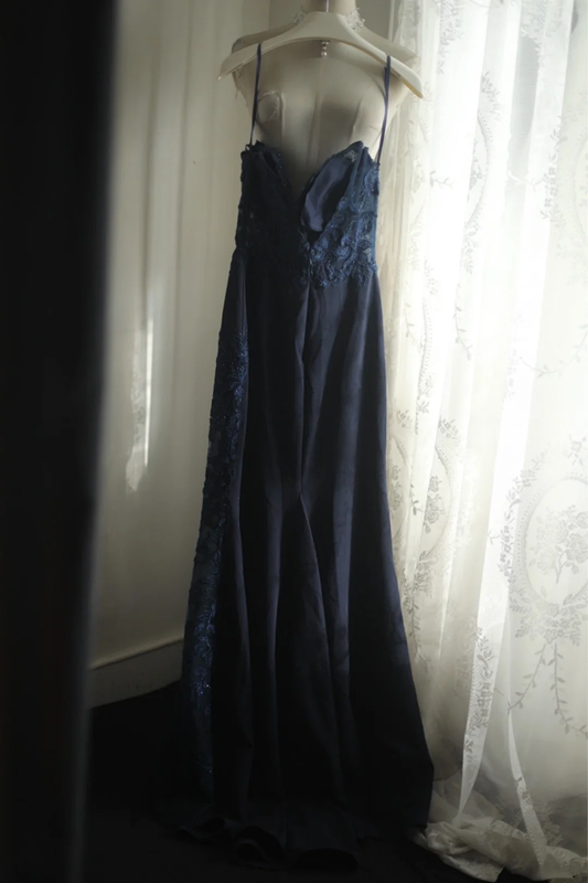 Navy blue halter-neck fitted waist bodycon sexy long ball gown R6717