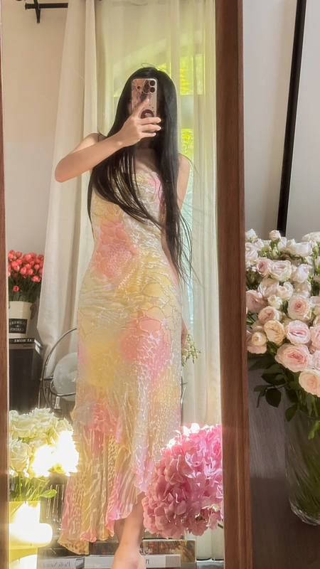 Pastel halter-neck fitted long ball gown for a sweet and girly look R7751
