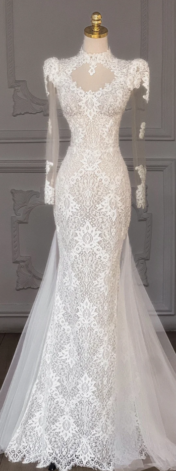 White lace long sleeve slim waist hip long dress bridal gown R5764