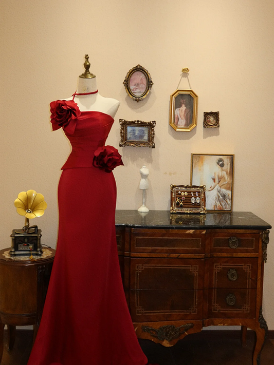 Red strapless long wedding dress with 3D floral embellishments, fitted waist, and hip-hugging silhouette R6597