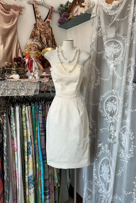 Ivory white strapless satin mini dress, fitted waist, prom dress R6277