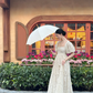 Light apricot square-neck lace puff-sleeve long elegant prom dress R7982