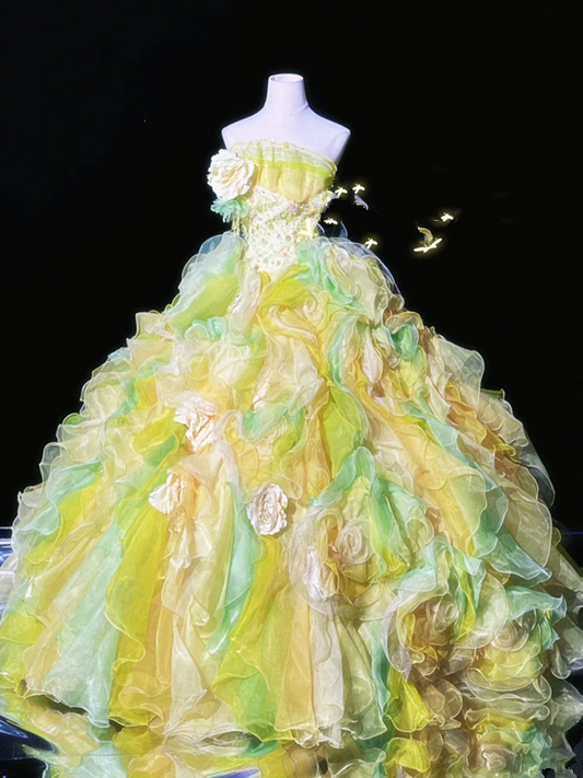 Yellow-green strapless, fitted waist, puffy cake skirt, long ball gown R8700