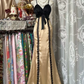 Black halter top, champagne-colored fishtail long ball gown R7823