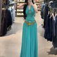 Lake blue halter neck sexy fitted waist long ball gown R7903