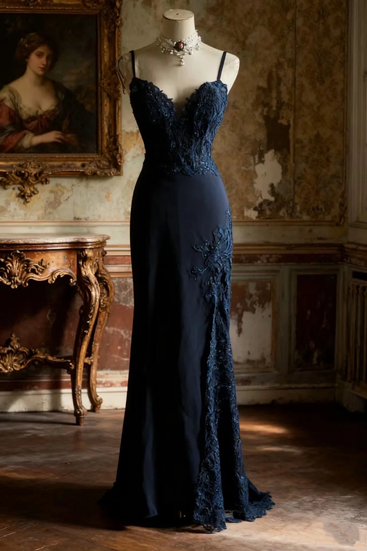 Navy blue halter-neck fitted waist bodycon sexy long ball gown R6717