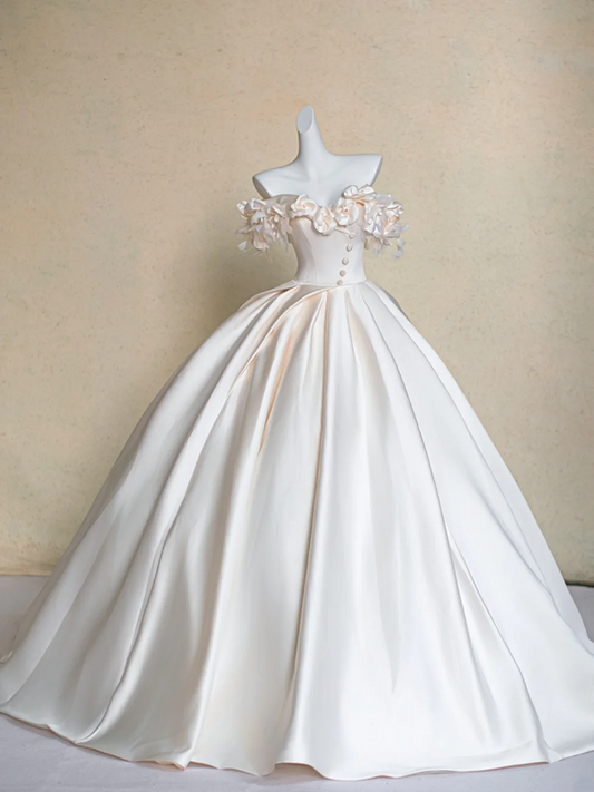 White satin tube top three-dimensional flower waist slim fit puffy long dress bridal gown R5723