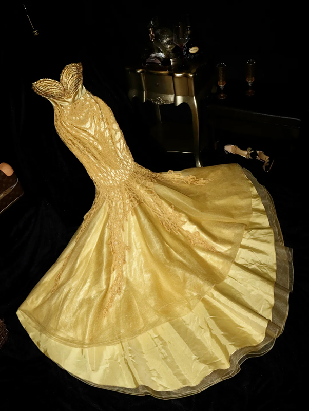 Gold strapless beaded fitted long ball gown R6956