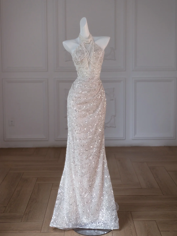 Silver halterneck sequined slim waist hip-hugging maxi bridal gown R5839