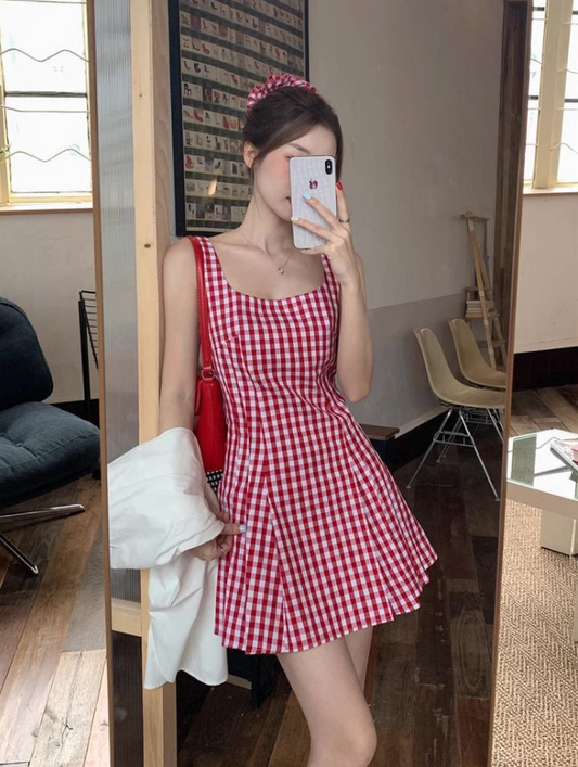 Minimalist CottageCore Plaid Women's Homecoming Dress Red Corset Short Prom Dress Party Dress RS2617