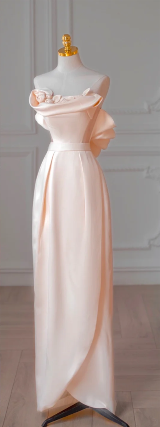 Light pink strapless slim waist satin maxi ball gown bridal gown R5877