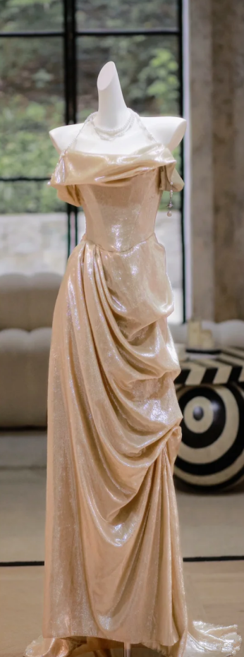 Champagne color halterneck sequined waist slim pleated sexy long dress bridal gown R5800