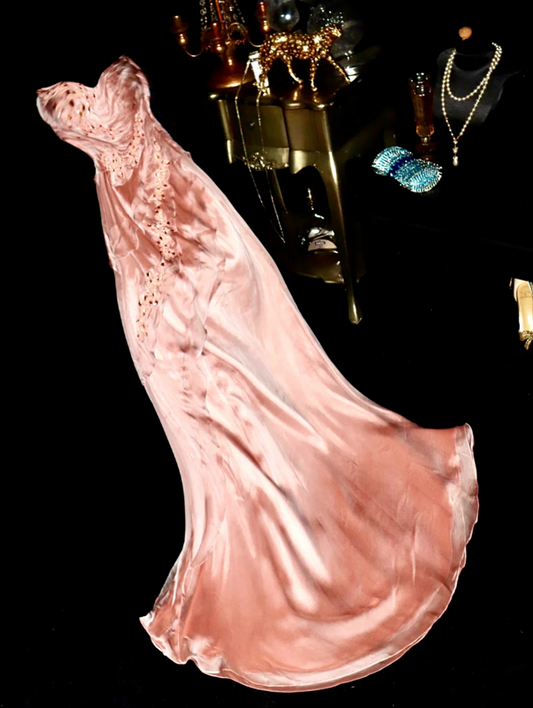 Pink strapless fitted satin long ball gown R6875