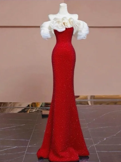 Red long dress with white off-the-shoulder neckline, fitted waist, and a flared skirt; a ball gown R6477