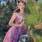 Pink floral suspenders slim waist A-line skirt homecoming dress R2895