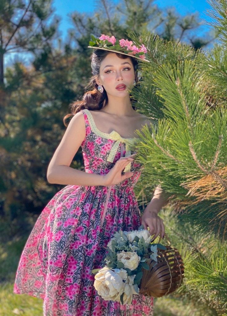 Pink floral suspenders slim waist A-line skirt homecoming dress R2895