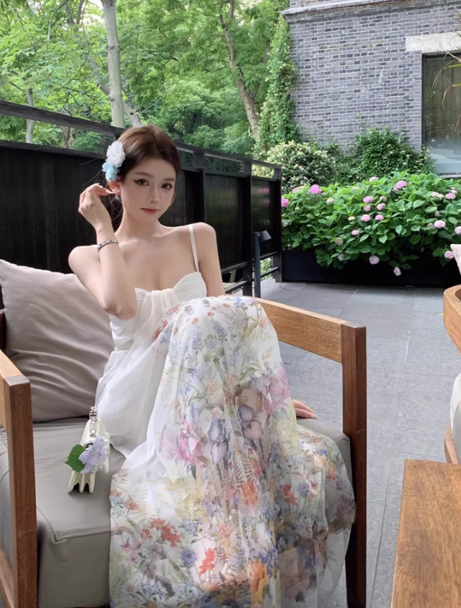 Sexy tube top suspender dress temperament floral long skirt R0542
