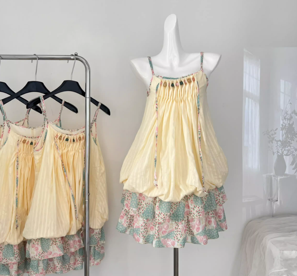 National style pink and green floral stitching pleated sling loose bud dress 2025 new R1987