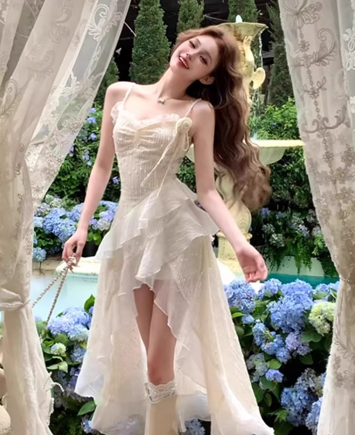 Pure desire design irregular sling dress 2025 ruffle waist fairy long dress R1109