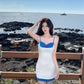 White suspenders, blue tube top, slim waist, hip skirt, homecoming dress R3774