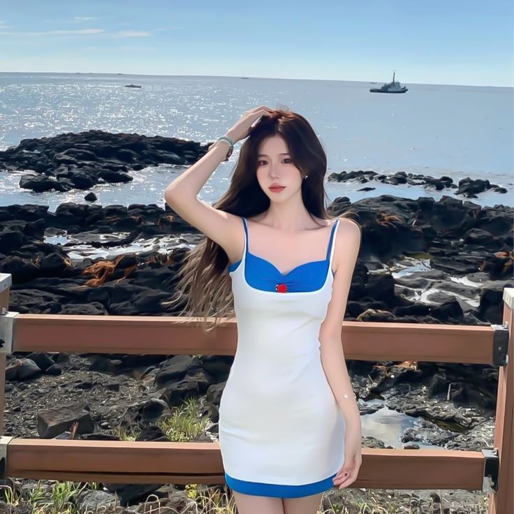 White suspenders, blue tube top, slim waist, hip skirt, homecoming dress R3774