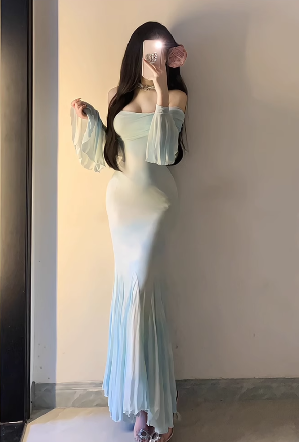 Large size French pure desire one-shoulder long-sleeved dress super fairy hip skirt R1860