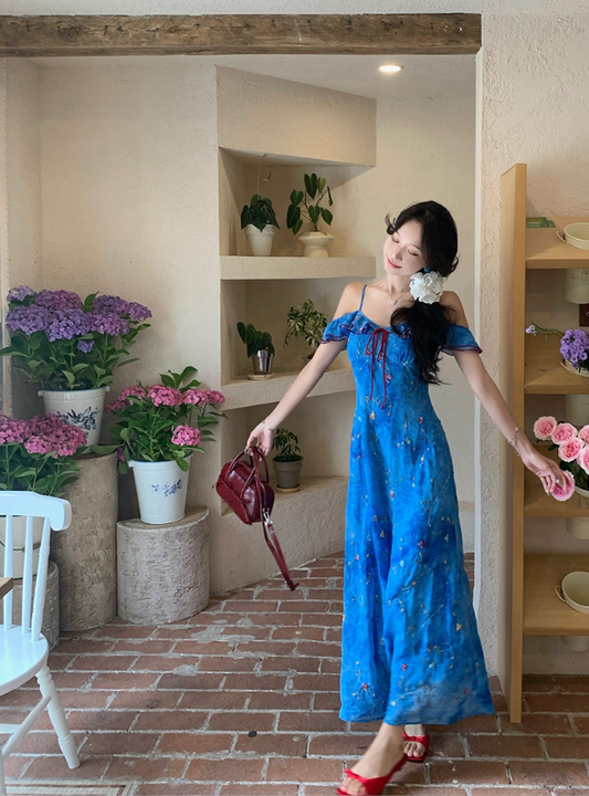 French blue floral suspender dress for women summer vacation fairy off-shoulder long dress R4375