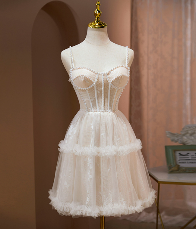 Cute Champagne Homecoming Dress ,Tulle Corset Short Prom Dress Cami Dress RS1674
