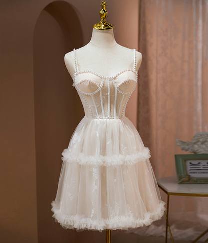 Cute Champagne Homecoming Dress ,Tulle Corset Short Prom Dress Cami Dress RS1674