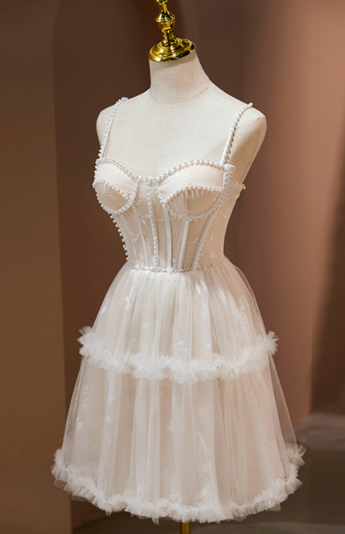 Cute Champagne Homecoming Dress ,Tulle Corset Short Prom Dress Cami Dress RS1674