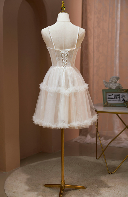 Cute Champagne Homecoming Dress ,Tulle Corset Short Prom Dress Cami Dress RS1674