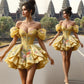 Yellow floral print one-shoulder slim waist puffy princess dress, prom dress R5320