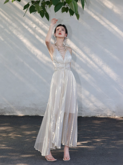 Elegant White A-Line V-neck Maxi Evening Dress Prom Dress RS464