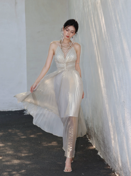 Elegant White A-Line V-neck Maxi Evening Dress Prom Dress RS464