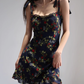 French style black floral suspender skirt retro wood ear high waist dress A-line short skirt R2860