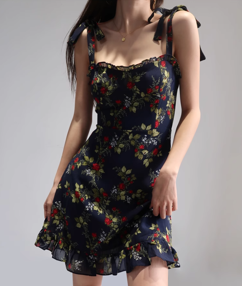 French style black floral suspender skirt retro wood ear high waist dress A-line short skirt R2860
