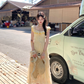 Yellow long chiffon printed small flying sleeve suspender dress summer French sweet slim skirt R4864