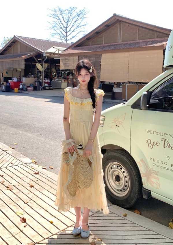 Yellow long chiffon printed small flying sleeve suspender dress summer French sweet slim skirt R4864