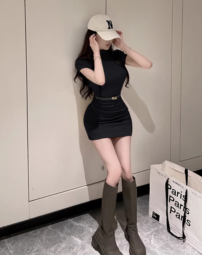 Sexy hot girl T-shirt dress 2025 spring and summer sweet and spicy style design hip skirt R1099