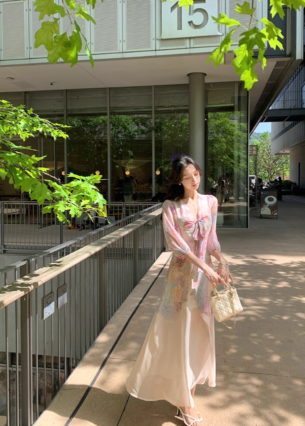 Pink chiffon printed dress for women summer new beautiful slit waist niche long skirt R4263