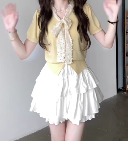 Suit skirt gentle temperament beautiful short-sleeved T-shirt A-line short skirt two-piece suit R0823