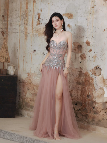 Sexy Dusty Pink Sequin A-Line Strapless High-Slit Maxi Evening Dress Prom Dress RS465