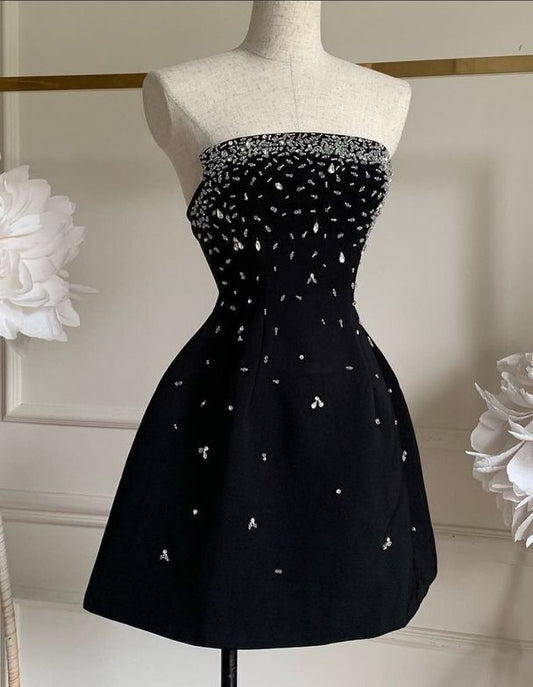 Black tube top diamond-studded waist slim A-line high-end short skirt homecoming dress R4238