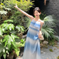 Gradient blue seaside holiday style suspender dress new Sanya tea break beach dress R0183
