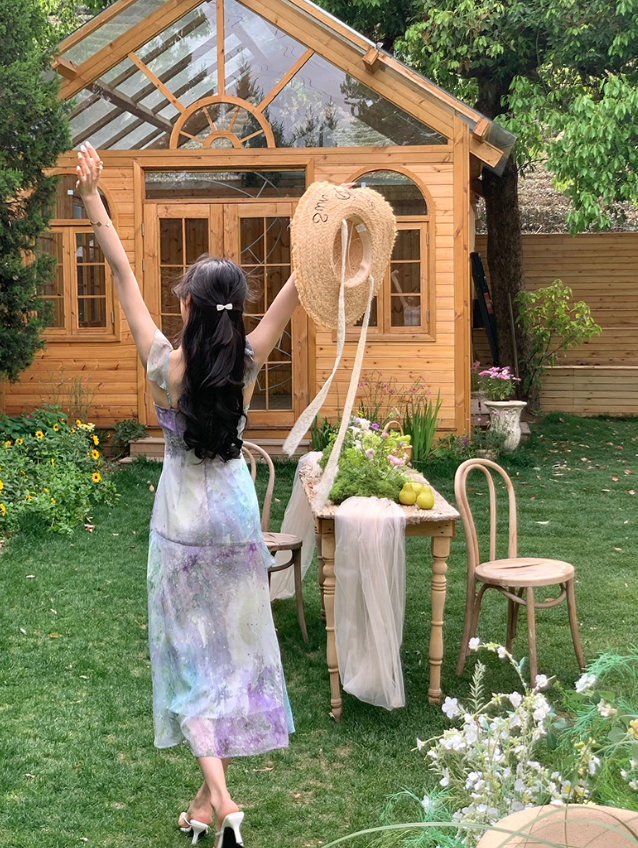 Beautiful oil painting style fishtail long skirt summer French retro gradient irregular suspender dress R4340