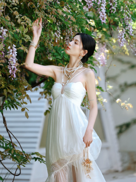 Gentle White A-Line Strapless Tulle Open Back Maxi Evening Dress RS467