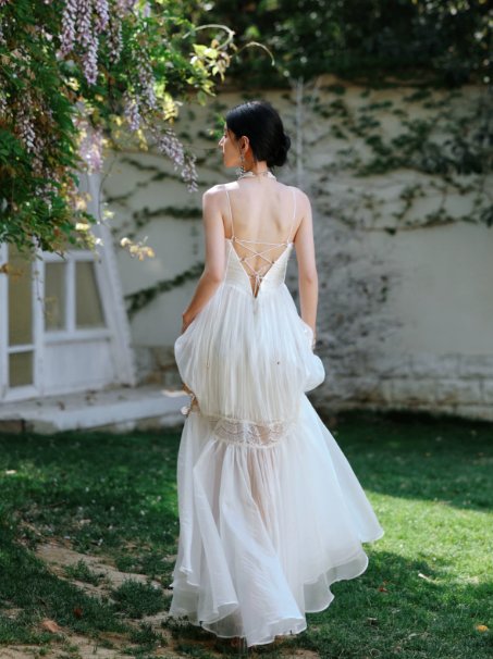 Gentle White A-Line Strapless Tulle Open Back Maxi Evening Dress RS467