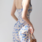 French retro blue floral suspender skirt sexy slim dress hip skirt R2852